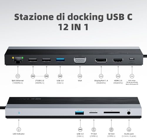 Docking station USB-C 3 monitor, docking station con HDMI, DP, VGA, 100W PD, USB3.0&2.0, RJ45, slot SD/TF, audio/microfono, per Lenovo/HP/Dell ecc. - Grigio