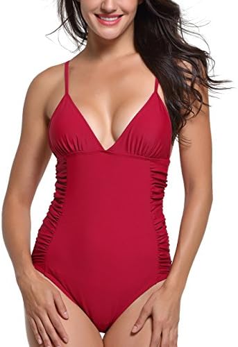 Omladi Women's Retro 80s/90s Swimwear With Deep V Neck Thin Shoulder Straps One Piece Bathing Suit
