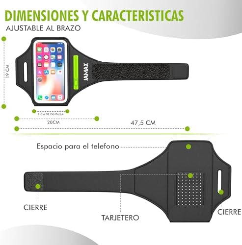 Brazalete Movil Running JAMAX | Porta Movil Running | Brazalete Deportivo Ajustable para Correr | Funda movil para Correr Compatible con iPhone, Samsung y Android (Negro)