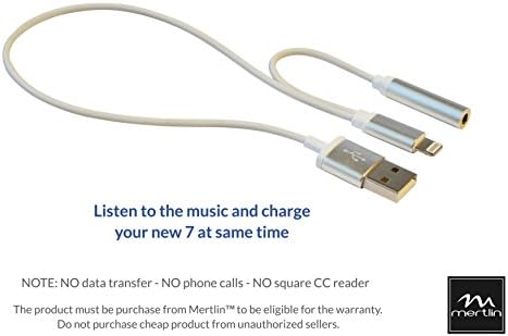iPhone 7 Audio and Charging Adapter, Mertlin TM Lightning to Headphone Jack Adapter with USB Cord for Charging, Listen and Charge at Same Time, [No Phone Calls, No CC Reader] Silver 2in1