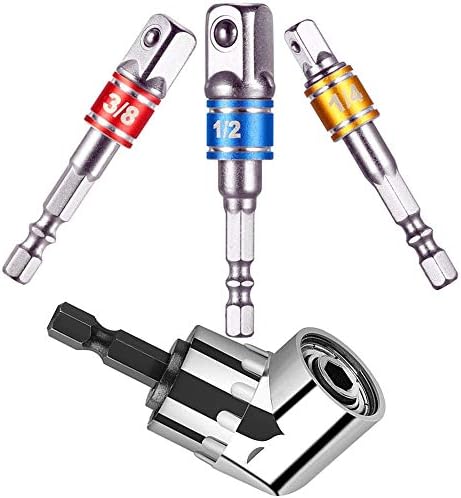 4Pcs Power Hand Tools,1/4" 3/8" 1/2" Impact Grade Driver Sockets Adapter Extension Set Drill Bit+105°Right Angle Drill Bit Adapter Attachment 1/4" Drive Hex Magnetic Bit Socket Screwdriver Drill