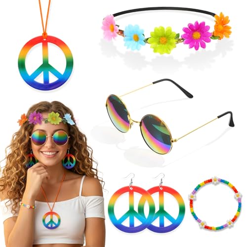 Wanmu 5Pcs Hippie Accessories for Women, 60s 70s Hippie Costume Accessory Daisy Flower Headbands, Round Hippie Sunglasses, Peace Sign Necklaces, Earrings & Bracelet for Groovy Carnival Party