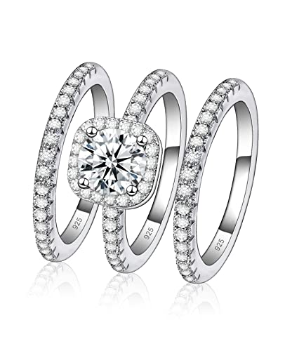 FCINOS Moissanite Engagement Rings, S925 Sterling Silver Wedding Rings Bridal Rings Set for Women, 18K White Gold Plated Halo Eternity Promise Ring 1CT D Color