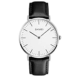 Skmei Thin Dial Wrist Watch Casual Classic Quartz Wrist Business Analog Watch with 1.57 Inches,Silver Case Black Leather Band (1.57 Inches)