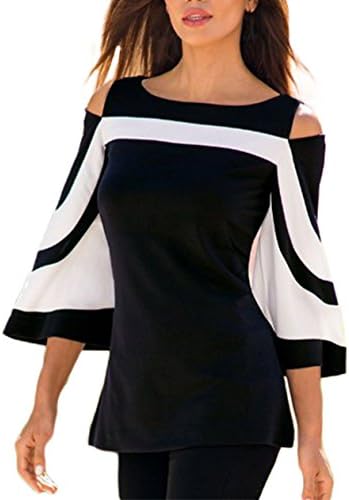 Surfywin Women's Colorblock Bell Sleeve Cold Shoulder Top Fashion Blouses