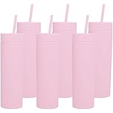 Skinny Tumblers with Lids and Straws Bulk.Matte Light Pink Slim Tumbler Cups with Straws.16 oz Plastic Pastel Double Walled Acrylic Skinny Tumblers for Smoothie Ice Coffee.Customizable DIY Gift.