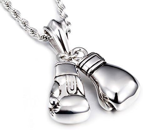 Yowell Titanium Steel Necklace for Men Pairs Boxing Glove Pendant Necklace Chain Silver Men Jewelry