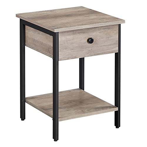 VASAGLE Nightstand, End Table, Side Table with Drawer and Shelf, 15.7 x 15.7 x 21.7 Inches, Bedroom, Steel Frame, Easy Assembly, Heather Greige and Black ULET055B02