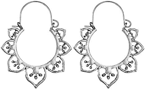 Womens Vintage Bohemian Antique Hollow Out Large Flower Long Dangle Ear Stud Earrings Retro Style Silver Gold (Silver A)