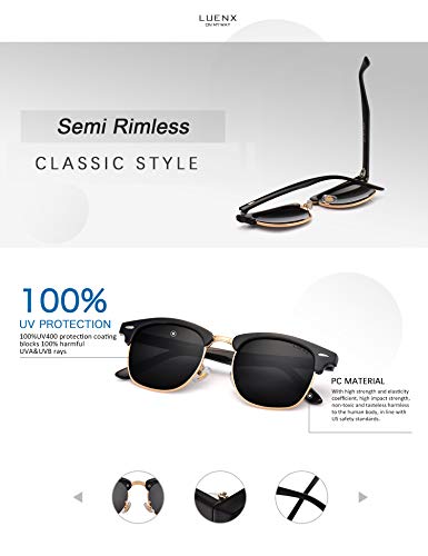 LUENX Men Semi Rimless Polarized Sunglasses UV 400 Protection Retro Classic Black Frame 51MM
