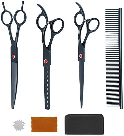 Walspir Dog Grooming Scissors, 7.0in Titanium Professional Grooming Scissors For Dogs, Straight & Thinning & Curved Scissors 4pcs Set Dog Scissors For Grooming, Black