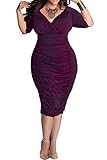 Pink Queen Womens Plus Size Deep V Neck Wrap Ruched Waisted Bodycon Dress XXL Purple