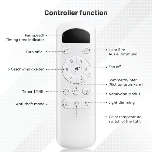 OZEANOS Ceiling Fan with Dimmable LED Light, Silent Ceiling Fan with Remote Control, 6 Speed, DC Motor, 3 Temperatures, Summer/Winter Function for Living Room and Bedroom (120cm)