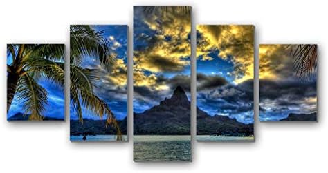 GLITZFAS PRINTS 5 Panel Wall Art Painting - Beach sea Mountain top Clouds Palm Trees Sand Branches - Canvas Stretched with Wooden Frame for Home Decor (8"x12"x2+8"x16"x2+8"x20"x1)