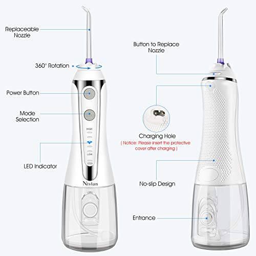 Water Flosser for Teeth - Nivlan Newest Cordless Water Flossing Teeth Cleaner, IPX7 Waterproof Rechargeable Dental Oral Irrigator for Braces & Bridges Care with 300ML Tank, 5 Modes & 6 Jet Tips