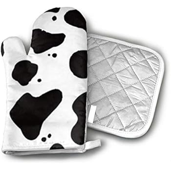 BenteLi The Cow Pattern Oven Mitts,Professional Heat Resistant Microwave Oven Insulation Thickening Gloves Soft Inner Lining Kitchen Cooking Mittens