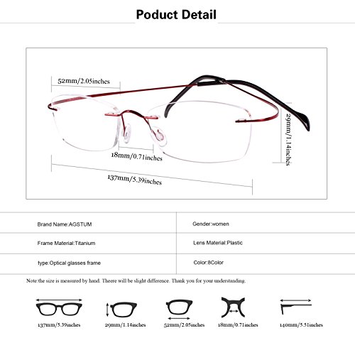 Agstum Pure Titanium Rimless Frame Prescription Hingeless Eyeglasses Rx (Pink, 52)