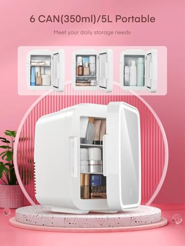 FOHERE Mini Fridge for Bedrooms, 5L/6 Can Portable Skincare Fridge with Dimmable LED Light Mirror, Cooler & Warmer for Food, Drinks and Cosmetic, Small Refrigerator for Home Office