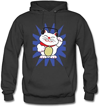 Women's Japanese Fortune Cat Print Casual Style Long Sleeve Hooded Pullover Sweatshirt - Adult Hoodie Black 2XL