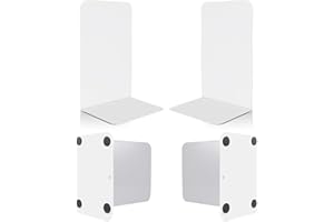 VONDERSO Metal Bookends White, 2 Pairs Metal Bookends Heavy Duty for Shelves Decor Home Office, Unique White Book Ends Supports Anti-Slip for Kids Girls
