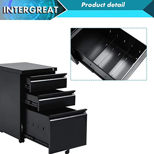 image for INTERGREAT Black 3 Drawer Filing Cabinet with Lock 26 Inch Metal File 