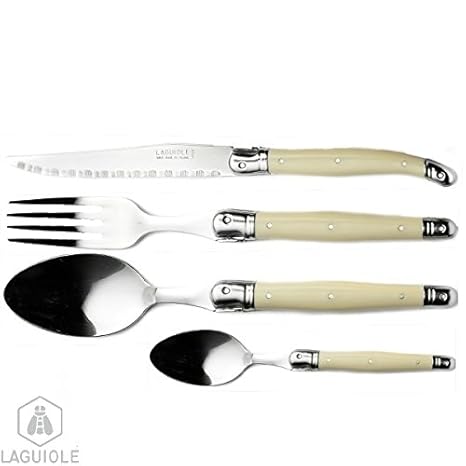 LAGUIOLE Besteck 24er Set mit Elfenbeinfarbe Griff : 6 Messer, 6 Gabeln, 6 Suppenlöffel, 6 Teelöffel in 4 Holzschatullen Fast
