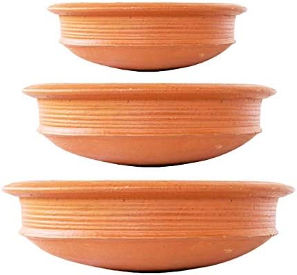 Craftaman India Online Pottery Microwave Unglazed Earthen Kadai/Clay Pots Combo for Cooking (1, 2,3 L Gas Stove)