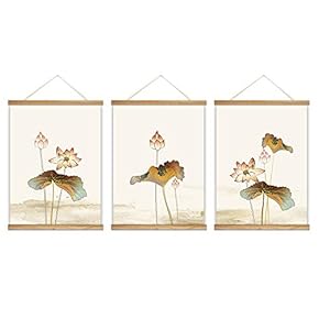 3 Panel Hanging Poster with Wood Frames Lotus Canvas Artwork Wall Picture Home Decoration - 18"x24"x3 Panels