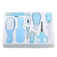 ViaGasaFamido 8PCs Essential Baby Healthcare and Grooming Kit Set - Thermometer, Nose Cleaner, Comb, Brush, Nail Clippers and More for Infants, Newborns, Kids, Boys and Girls(Blue)