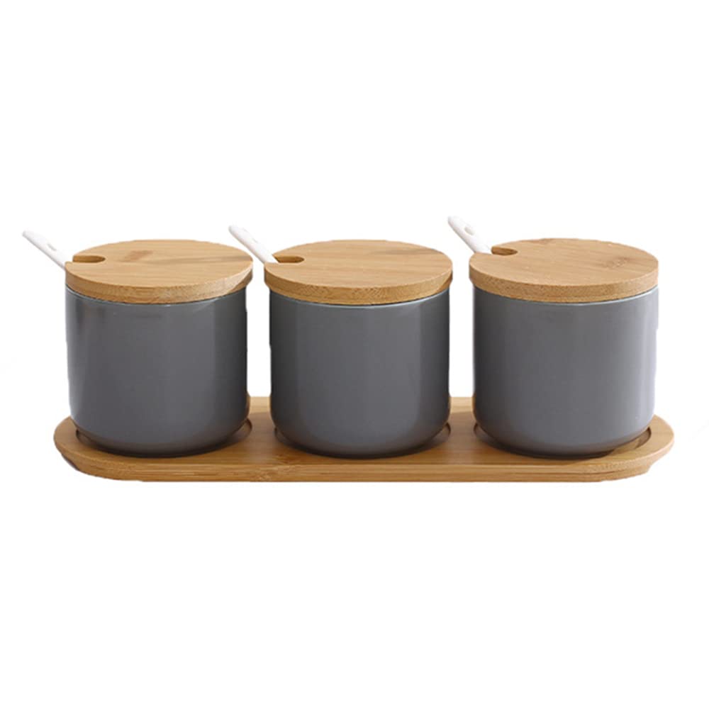 OnePine Set of 3 Sugar Bowl, 260ml Ceramic Spice Jar Salt Container with Lid and Spoon for Home and Kitchen