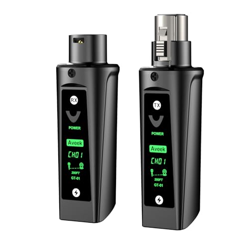 Aveek Wireless XLR Transceiver for Dynamic Microphone 60m Range | Latency <2ms, stable signal, 20h battery life, auto pairing, adapter for mixer, sound, church and stage
