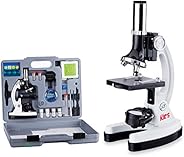 AmScope 120X-1200X 52-pcs Kids Beginner Microscope STEM Kit with Metal Body Microscope, Plastic Slides, LED Li