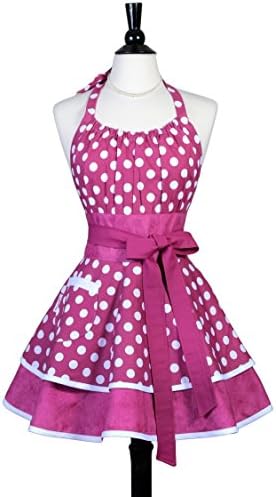 Lucy Womens Sexy Kitchen Pinup Apron in Purple Berry Polka Dot with Pocket and Monogram Option