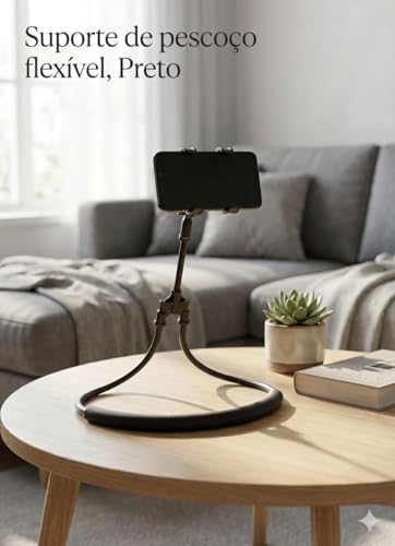 Suporte Articulado Flexível para Celular, Suporte de Pescoço Universal 360 Graus, Mãos Livres, Preto ideal para Leituras.
