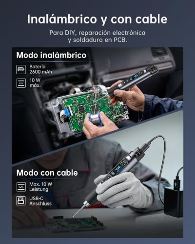FNIRSI HS-03 Batería Soldador Kit Soldador Inalámbrico con Batería de 2600 mAh, 100-450 °C, calentamiento rápido 3s, 5 niveles de temperatura, pantalla IPS de 0,96 pulgadas, soldador portátil para