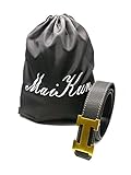 Maikun H Letter Gold Buckle Black Leather Belt 115cm for Waist Size 34-36