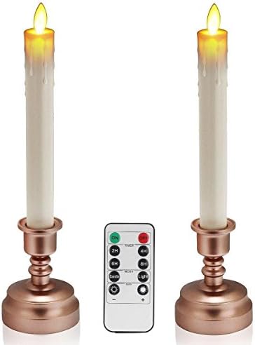 11 Inch Flameless Window Candles Include Realistic Dancing LED Flames Ivory Color with Remote 24-hour Timer Function in Bronze Candlestick Base- Set of 2