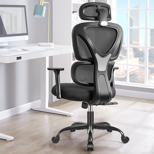 Kerdom Bürostuhl Ergonomischer Schreibtischstuhl,Mit Verstellbarer Kopfstütze, Armlehnen, Lendenwirbelstütze, Gegen Rückenschmerzen Bürostuhl 150Kg/330Lb Belastbar(Schwarz)