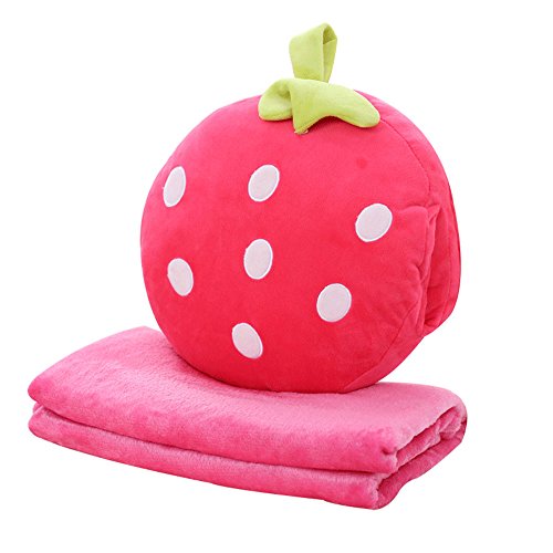 Rainie Love 3 in 1 Cute Strawberry/Kiwifruit/Pineapple/Orange/Watermelon Shape Design Plush Stuffed Fruits Throw Pillow Cushion Travel Blanket Hand Warmer Set(Brown/Red/Yellow/Green)