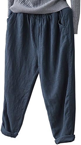 Llettier Women Men Linen Cotton Harem Pants Baggy Loose Fit Trousers Casual High Waist Lady Waistband New Plus Size 904-277 Navy 5XL Soft