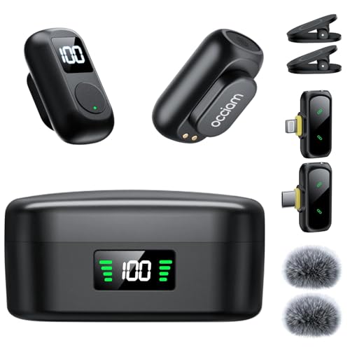 occiam Mini Lavalier Microphone for iPhone & Android Wireless Microphone Noise Reduction Magnetic Mini Lapel Mic with 54H Charging Case for YouTube Podcast Tiktok Vlogging Video Recording Black