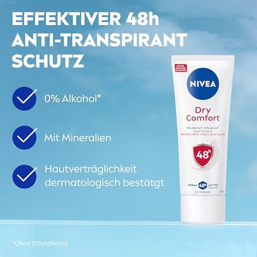 NIVEA Dry Comfort Deo Creme, Antitranspirant mit 48h Schutz gegen Schweiß und Geruch, pflegendes Deodorant mit Dual Protect Formel ohne Ethylalkohol (75ml)