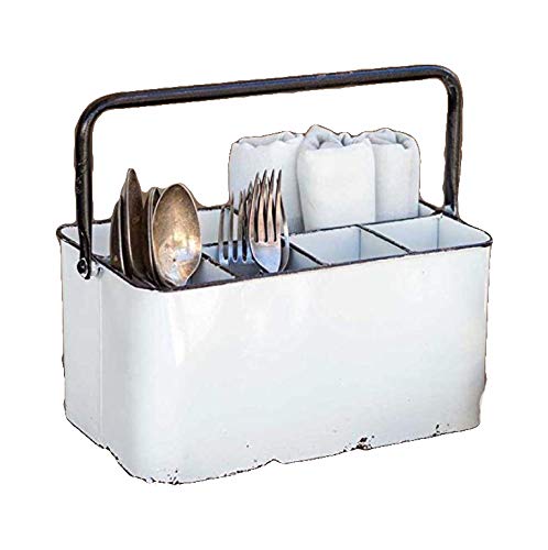 Distressed White Cutlery Caddy with Carrying Handle