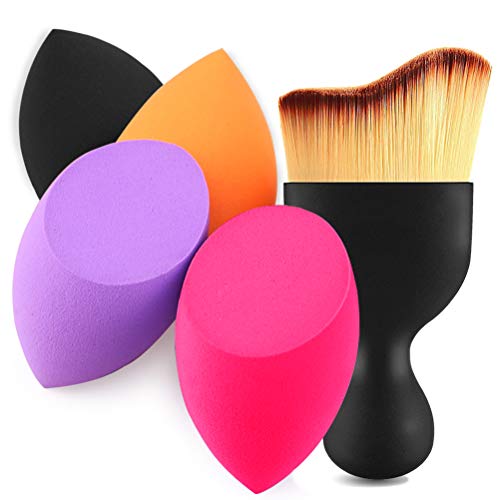 BEAKEY 4+1Pcs Makeup Sponges with Contour Brush, Flawless Foundation Blending Sponge for Liquid Cream and Powder, Professional Beauty Sponge Blender & Face Brush Set