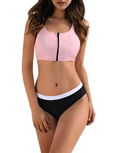 Womens Two Pieces Bikini Sets Zipper Front Tank Crop Tops Sexy Sporty Color Block Swimsuit