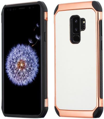 ShopAegis - [LEATHER BACK] [White with Rose Gold] Anti-Fingerprint Shock Resistant Dual TPU/Electroplated PC Hybrid Phone Cover Case for Samsung Galaxy S9 Plus +