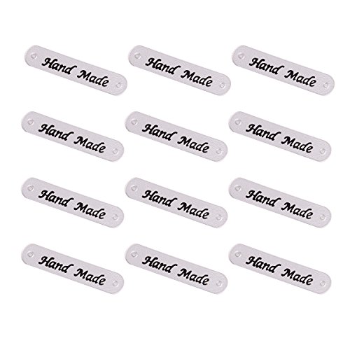 50 Count Clothing Labels for Handmade Items, PU Leather Label Hand Made Embossed Tag with Holes Embossed Tag Knit DIY XMAS Accessory, 2inch x 0.39inch