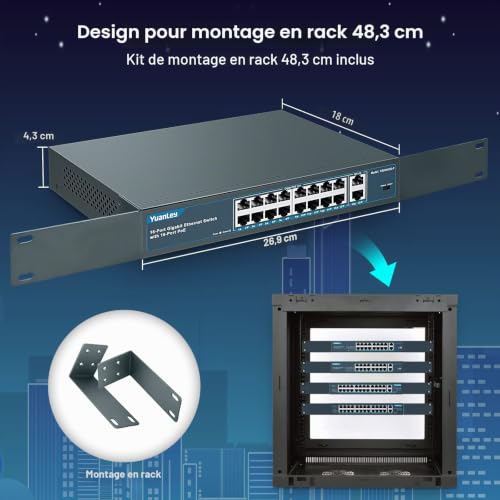 YuanLey 18 Ports Gigabit Switch PoE, 16 PoE Ports + 1000Mbps, 2 Gigabit Uplink, 250W 802.3af/at, Metal Desk/Rack, Network Plug and Play Unmanaged Switch