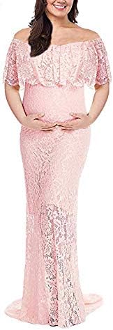 Pregnant Women's Off Shoulder Maternity Lace Dress Ruffle Slim Fit Gown Maxi Photography Dress