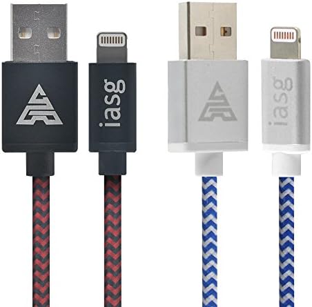 Iasg 2xPack Apple MFi Certified Nylon Braided Lightning Cable with Reversible USB Metal Connectors for iPhone iPad iPod - 3.3 Feet(1 Meters)- White and Blue/Red and Black